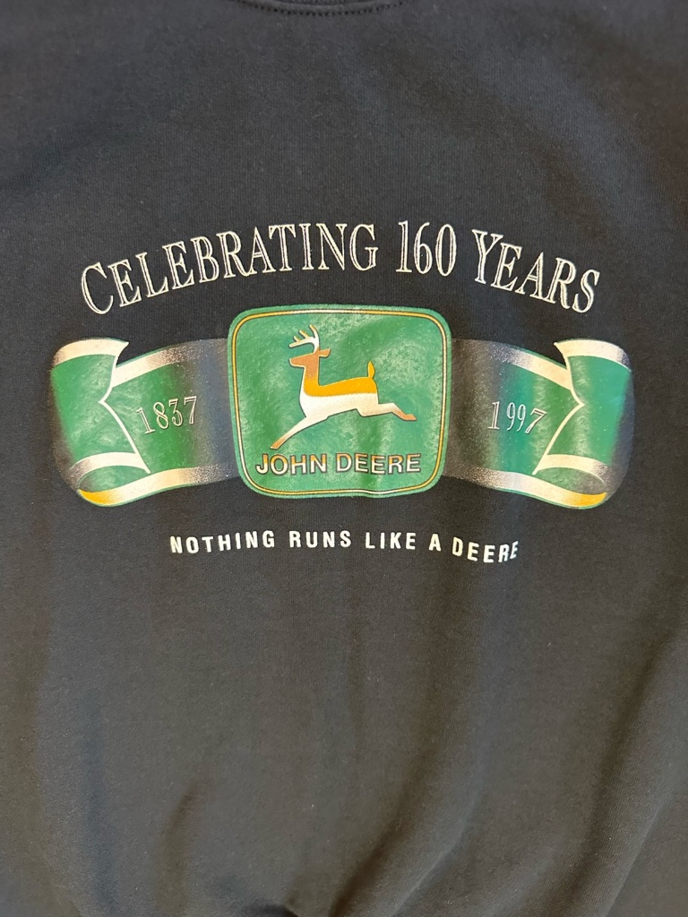 Made in USA‎ Vintage John Deere Black Sweatshirt with Green and Yellow Logo